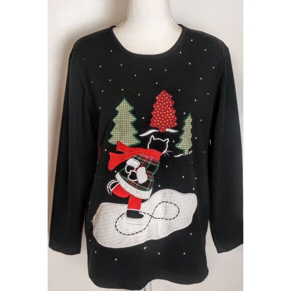 Vintage Christmas Cat / Ugly Xmas Sweater / Ice Skating Cat / Sz Med/ Sweatshirt - Picture 1 of 12
